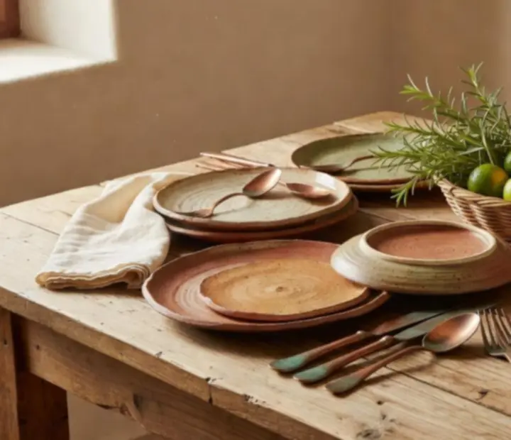 Détails de céramiques artisanales, couverts en cuivre et nappes en lin
