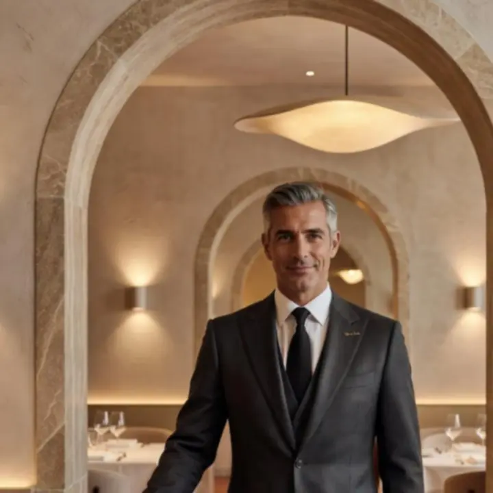 Portrait de la chef de salle dans un intérieur aux arches lumineuses et matières naturelles.