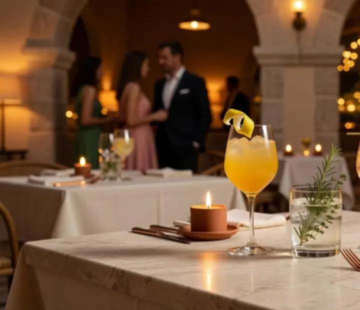 Cocktails colorés disposés sous une arche lumineuse lors d'une soirée festive
