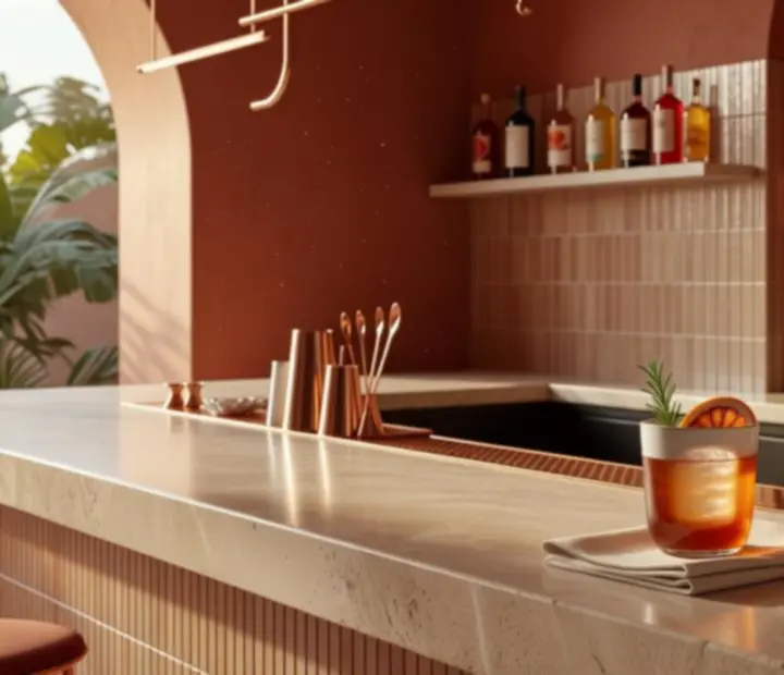 Bar en travertin et terracotta avec cocktails signature et lumière méditerranéenne