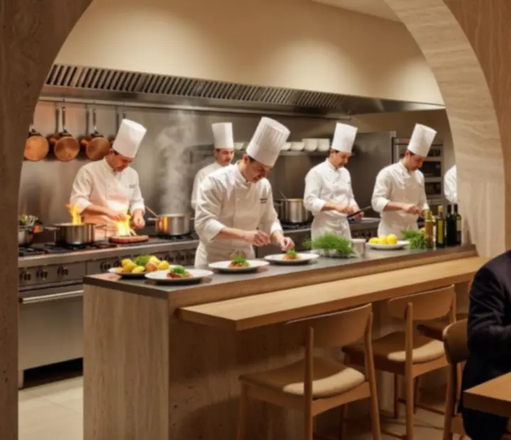 Cuisine ouverte sur la salle avec la brigade en service
