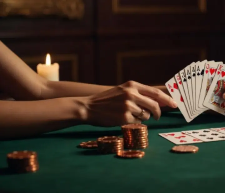 Détail de mains élégantes manipulant des cartes de poker sur une table feutrée