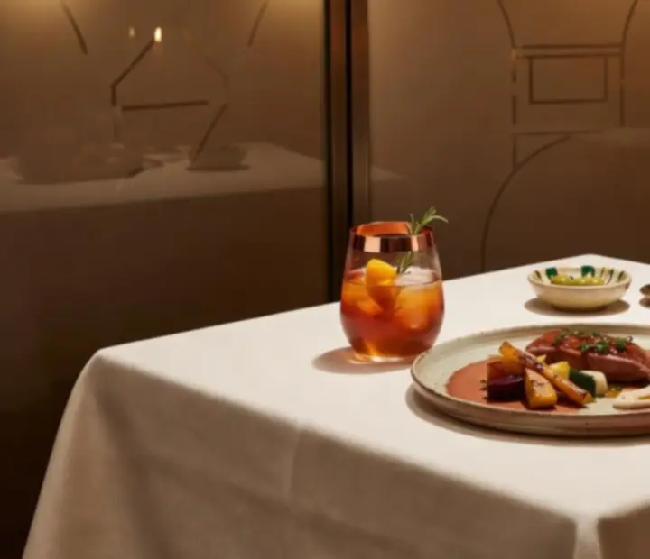 Assiettes gastronomiques et cocktails maison servis près d’une table de blackjack