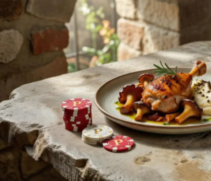 Dîner gastronomique de saison servi autour d'une table de poker élégante