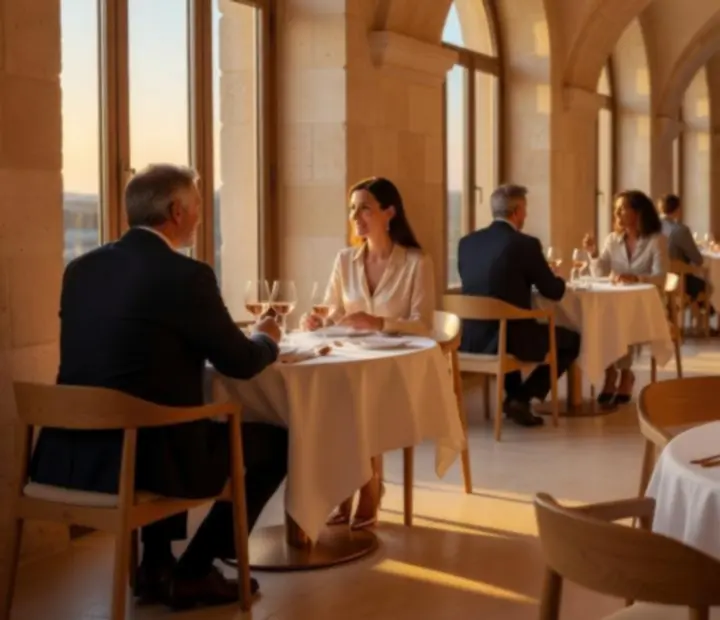Table dressée au coucher du soleil dans un restaurant méditerranéen, lumière dorée et ambiance de soirée raffinée.