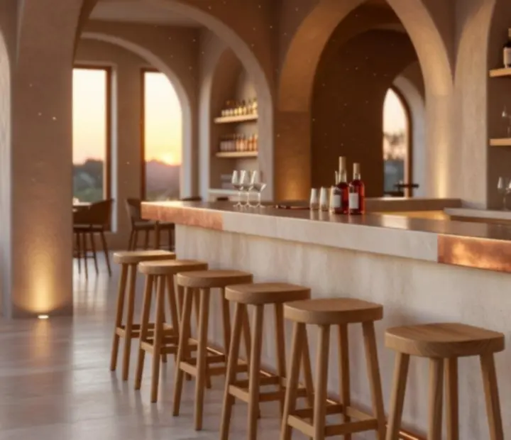 Bar élégant en travertin et cuivre, baigné d'une lumière méditerranéenne
