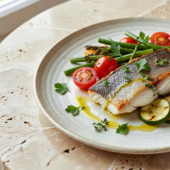 Entrée méditerranéenne dressée dans une assiette en céramique artisanale