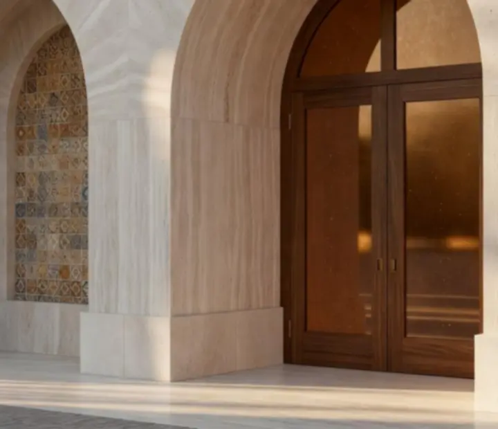 Entrée de restaurant aux arches de travertin et lumière méditerranéenne