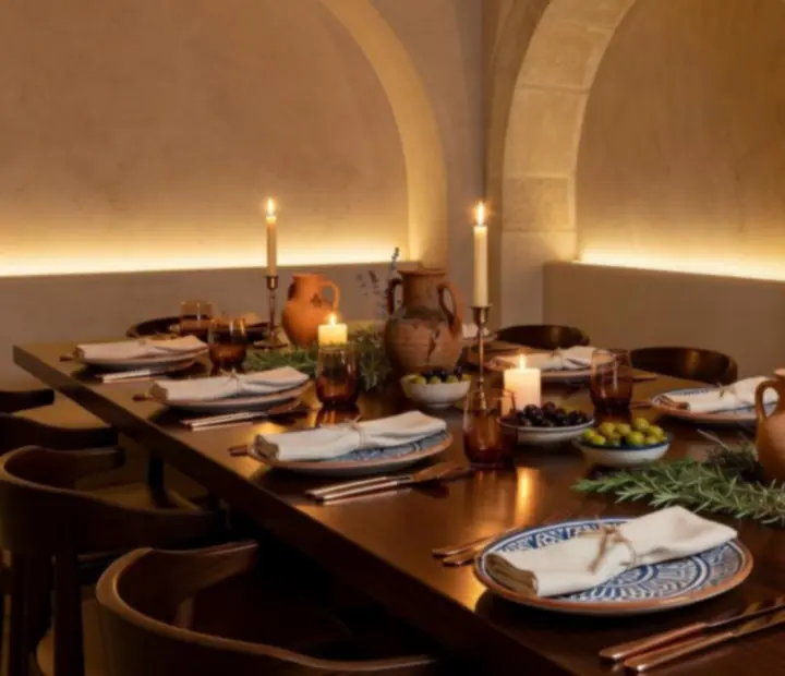 Décor sur-mesure pour un événement privé, table festive avec bougies, fleurs et détails méditerranéens.