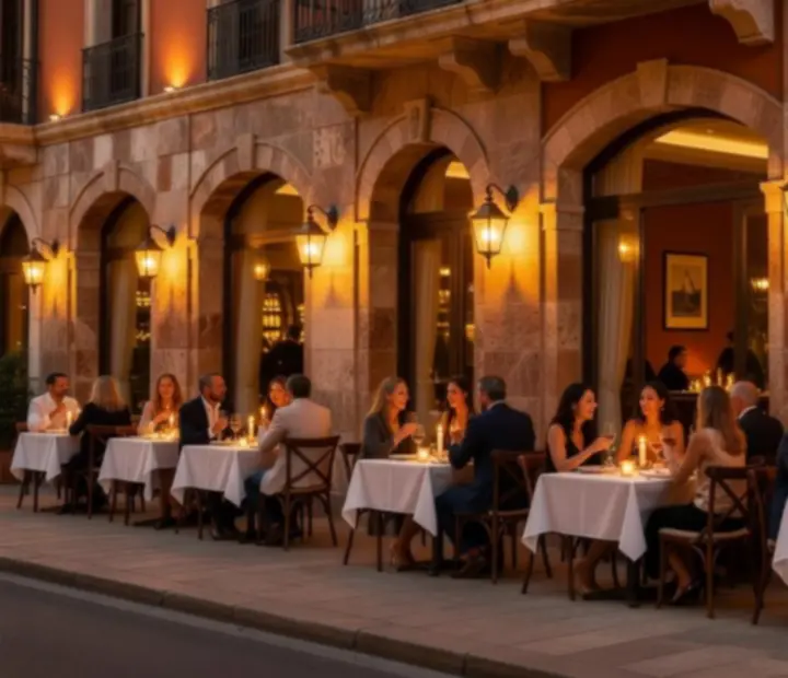 Collage de scènes nocturnes dans un restaurant, invités, détails de table et lumière chaude.