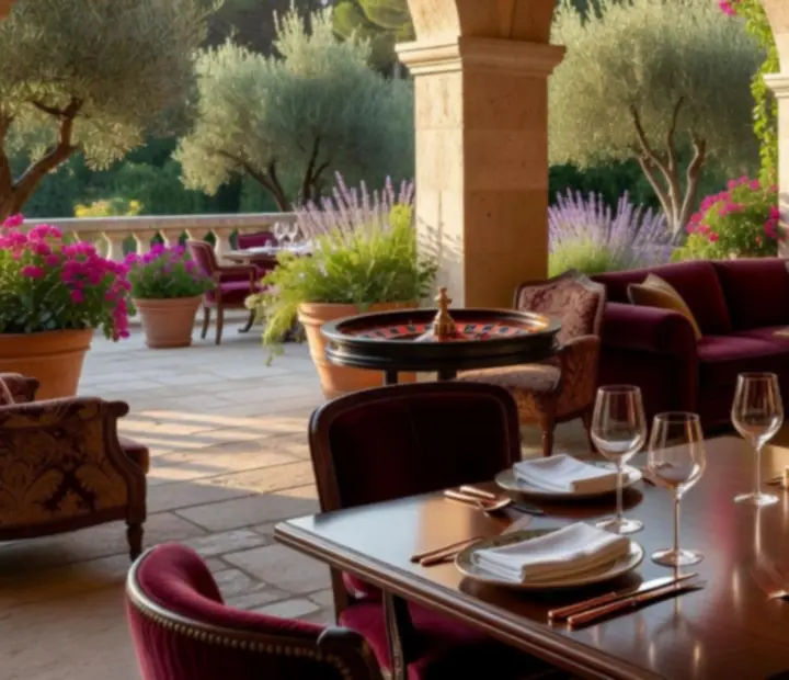 Terrasse de restaurant méditerranéen reliant intérieur lounge et extérieur, baignée de lumière dorée