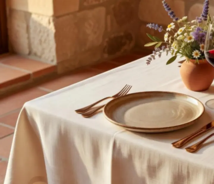 Table dressée chez Tableivoire avec nappes en lin, vaisselle artisanale et lumière dorée