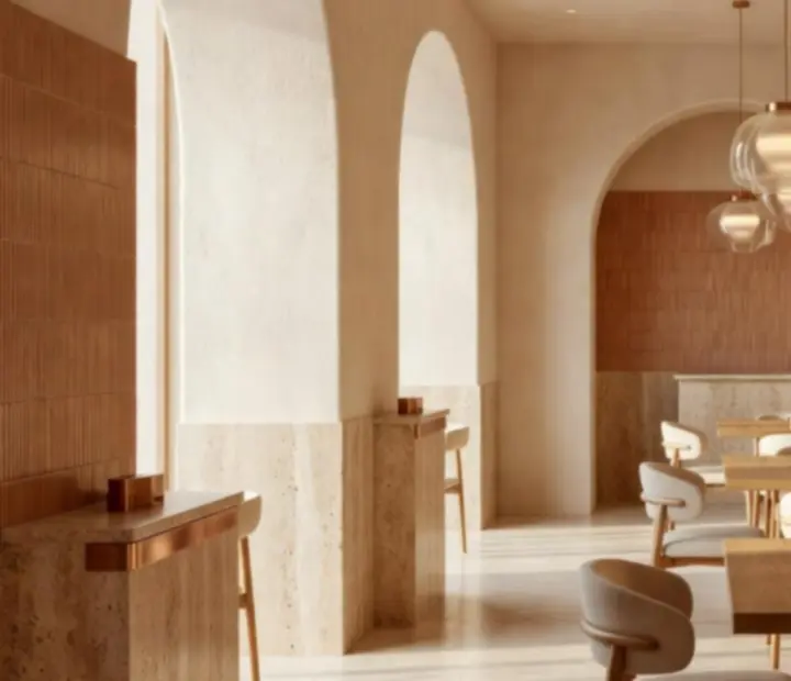 Intérieur architectural de Tableivoire avec arches en pierre et lumière méditerranéenne