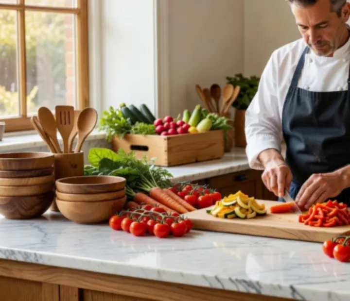 Chef préparant des légumes de marché colorés sur un plan de travail en pierre claire