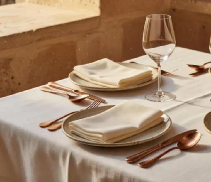 Table raffinée avec céramiques contemporaines, nappes en lin et lumière méditerranéenne