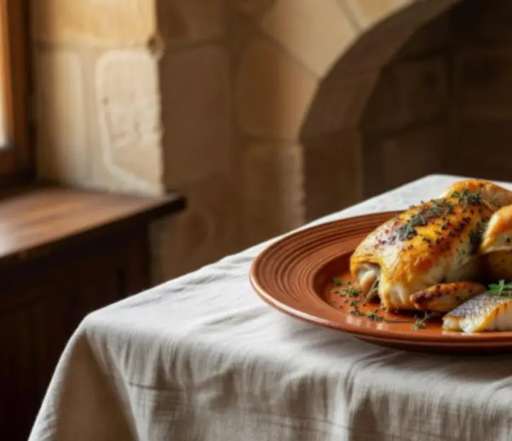 Plat signature français avec poisson grillé sur pierre de sel et légumes de saison