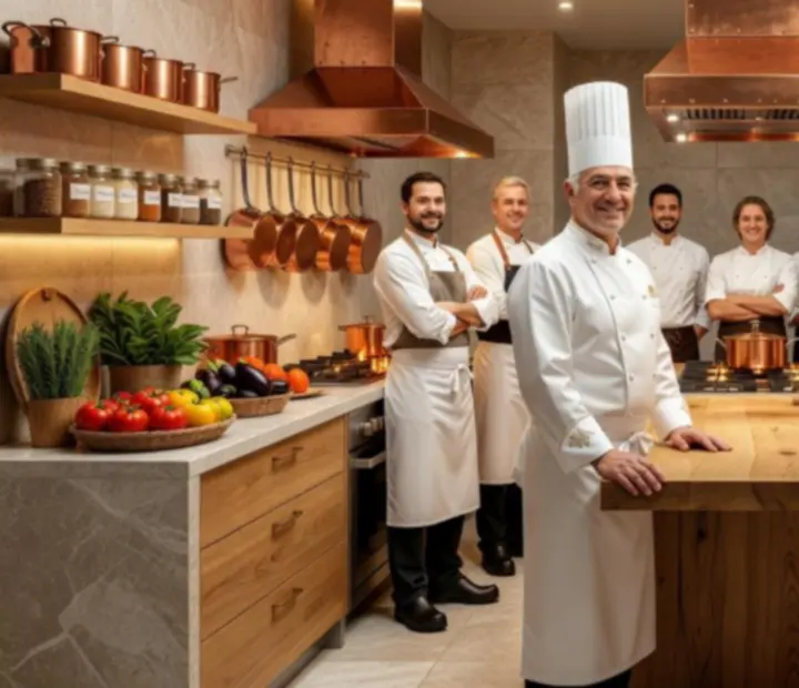 Le chef et sa brigade dans la cuisine ouverte de Tableivoire