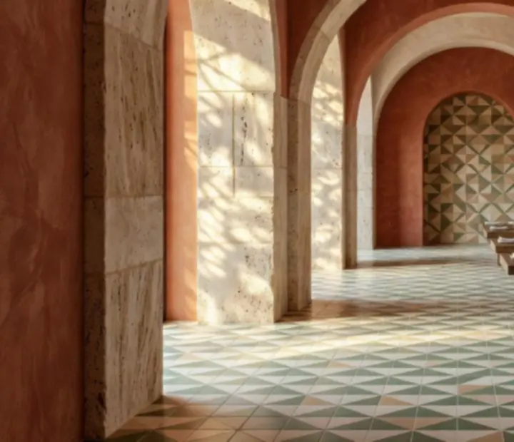 Arches en travertin, murs en terre cuite et lumière naturelle dans un restaurant méditerranéen contemporain.