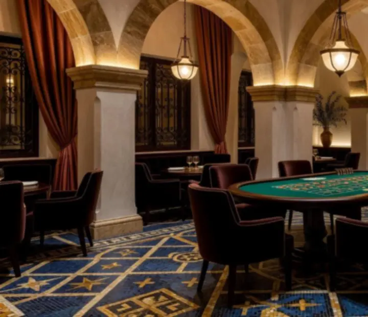 Arches de travertin et atmosphère architecturale méditerranéenne autour de la table de roulette