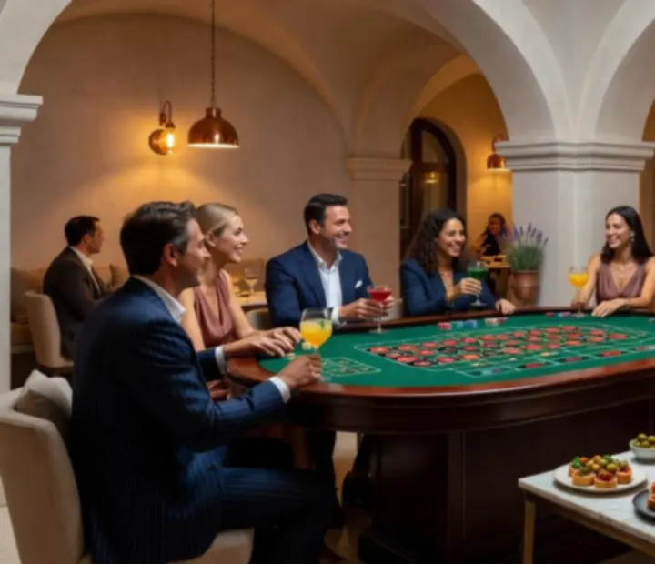 Table de roulette élégante dans une lumière chaude, détail du plateau et des mains des invités.