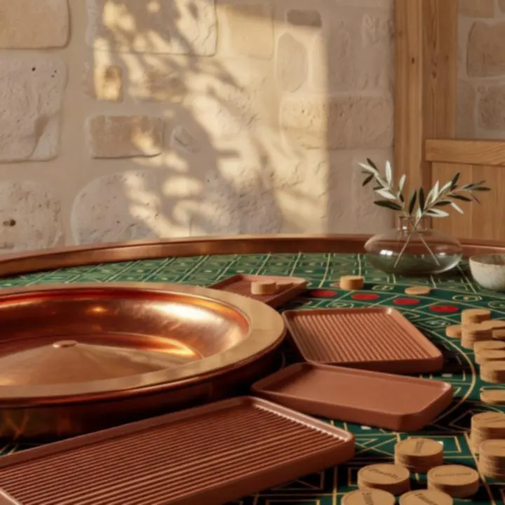 Détail d'une table de roulette avec cuivre poli, céramique nervurée et lumière douce
