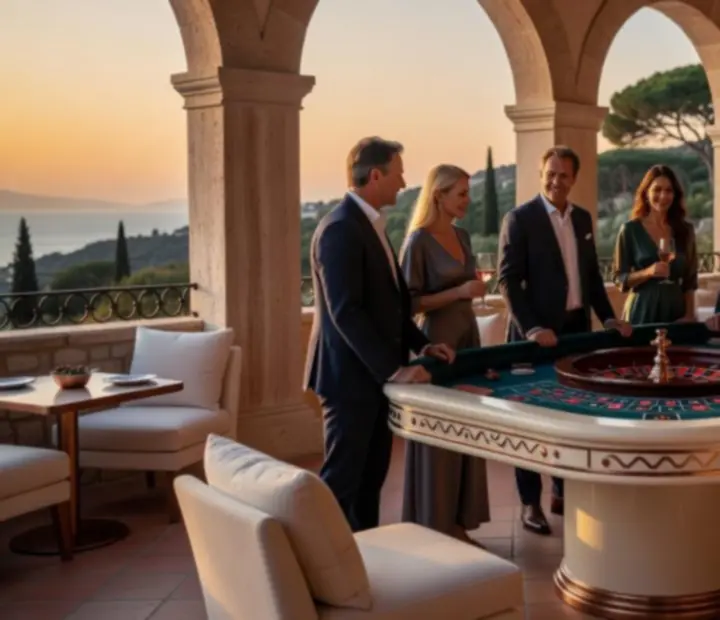Table de roulette illuminée dans une atmosphère méditerranéenne, entre arches et terrasse du restaurant