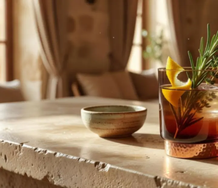 Cocktail signature servi dans un verre cuivré sur pierre claire