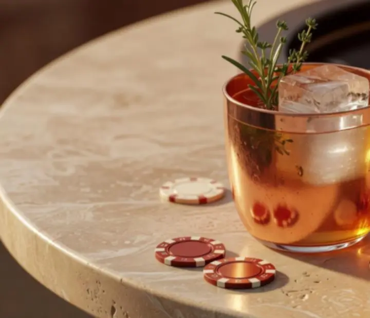Cocktail signature de Tableivoire servi dans un verre en céramique sur fond de pierre méditerranéenne