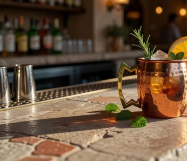 Détail d'un bar à cocktails Tableivoire avec verre sculptural, cuivre et lumière dorée.