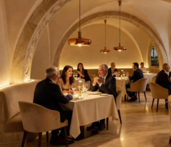 Intérieur de Tableivoire de nuit, éclairage tamisé, architecture méditerranéenne et tables dressées pour la soirée.