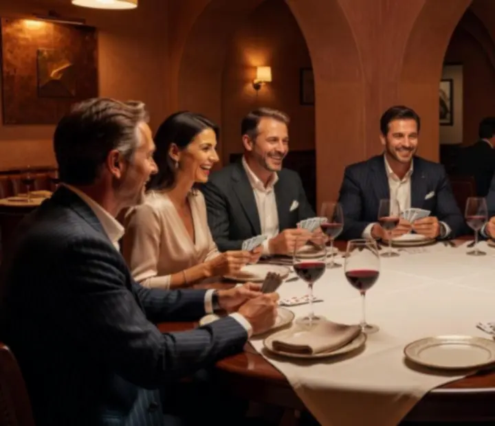 Soirée poker élégante dans un salon tamisé, cartes et verres de cocktails sur une table raffinée.