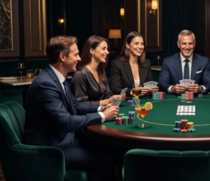 Grande table de poker en soirée chez Tableivoire, ambiance chaleureuse, verres et détails architecturaux.
