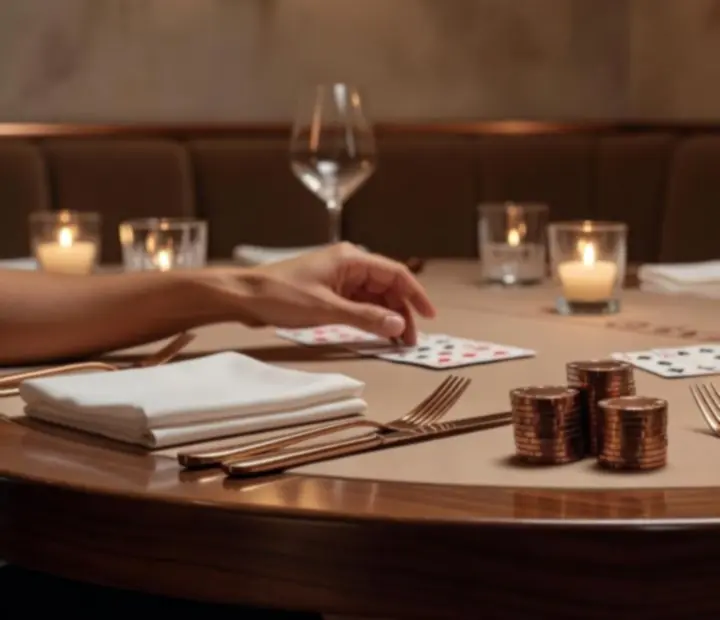 Détail d’une table de blackjack avec nappes en lin, jetons cuivre et bougies