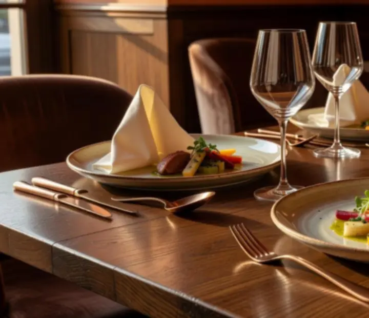 Table gastronomique dressée de céramique, cuivre, lin et lumière dorée