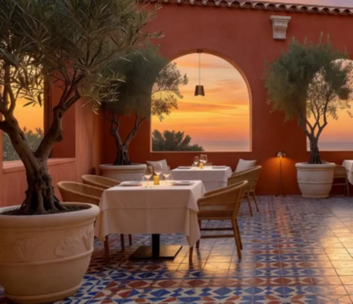 Terrasse méditerranéenne avec arches lumineuses, oliviers et mobilier sur-mesure